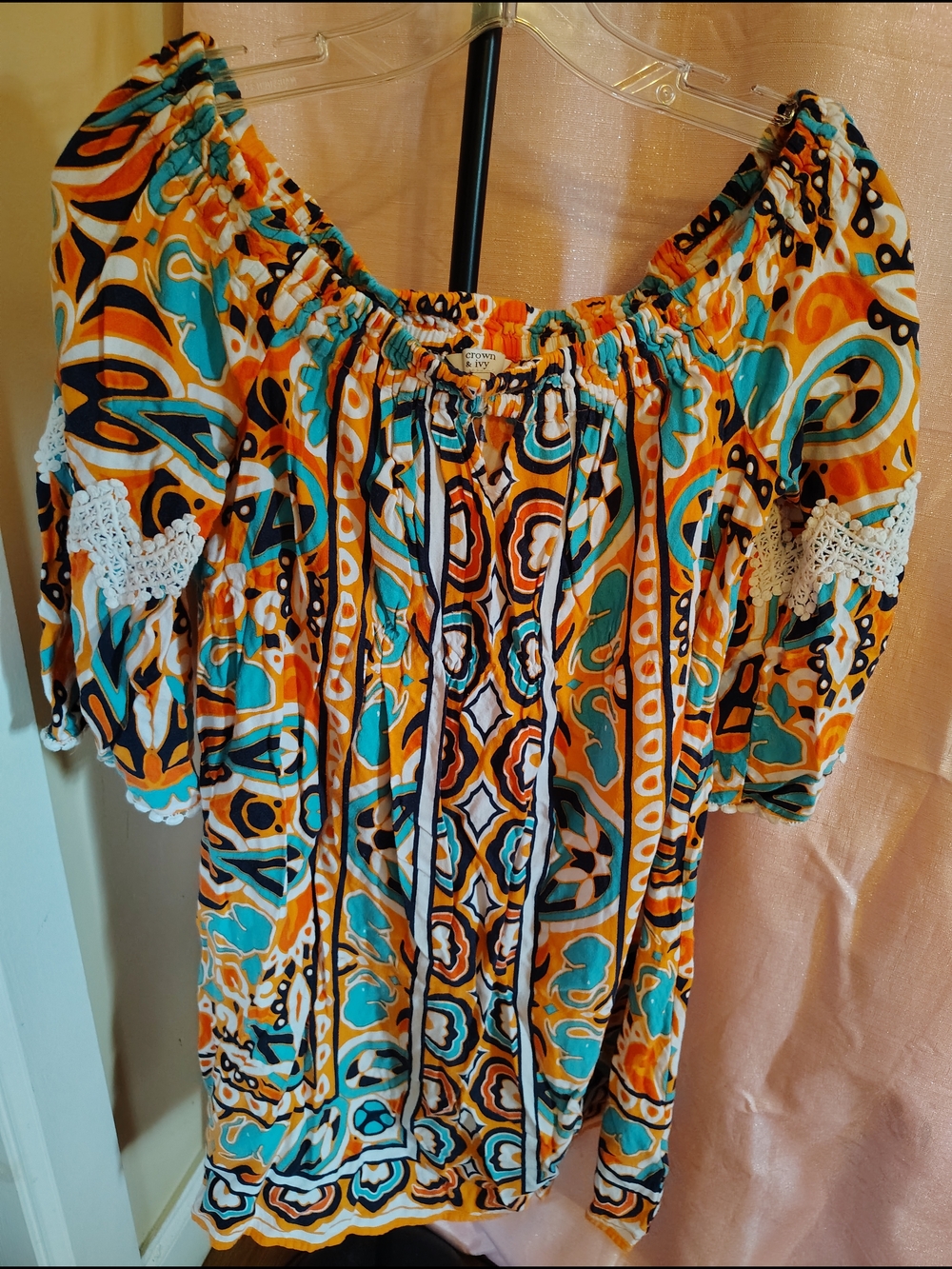 crown & ivy Orange and Turquoise Off-Shoulder Boho Tunic